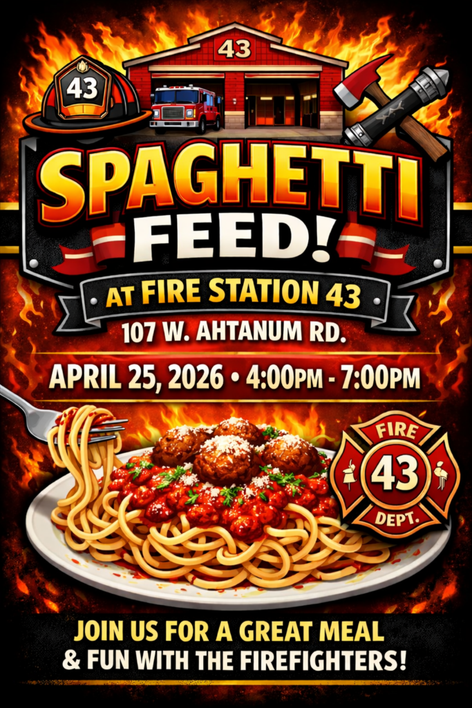 Spaghetti Feed at Station 43 - 107 West Ahtanum Road from 4 pm - 7 pm